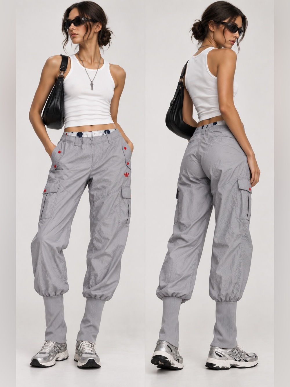 Adidas Y2K Cargo Pants Gray Red Snap Long Rib Cuff Joggers Size M Archive